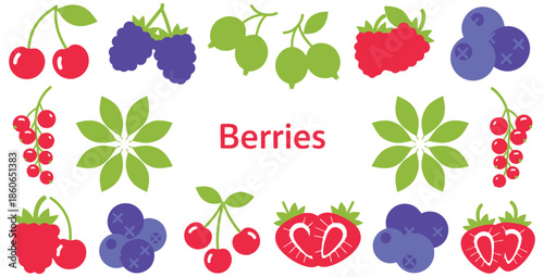 Collection of various brightly colored fruit icons depicting cherries blackberries blueberries raspberries and currants centered around the word berries graphic