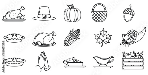 Black and white line art collection of essential thanksgiving holiday icons featuring festive food items and traditional seasonal celebration elements for seasonal design projects