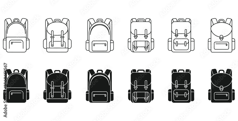 Fototapeta premium Collection of detailed and simple backpack icons showcasing various styles of travel and hiking equipment available in both outline and solid silhouette formats for outdoor design projects
