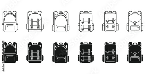 Collection of detailed and simple backpack icons showcasing various styles of travel and hiking equipment available in both outline and solid silhouette formats for outdoor design projects