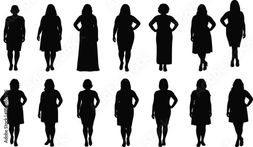Plus size female silhouette collection featuring confident women standing poses isolated black vector illustration set for body positivity