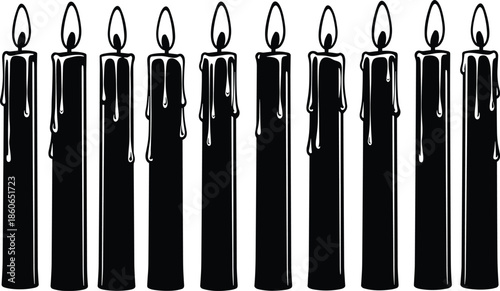 Burning candle silhouette collection with dripping wax flames isolated black vector illustration set for decoration ritual celebration design background art