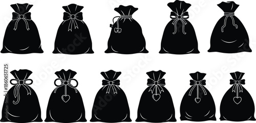 Gift bag silhouette collection with ribbon bows and decorative ties isolated black vector illustration set for packaging design