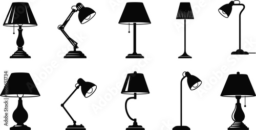 Table and floor lamp silhouette collection showing modern classic desk lighting designs isolated black vector illustration set for interior decor