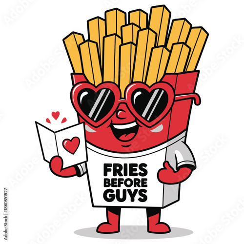 Cartoon illustration of a happy french fry character wearing heart shaped sunglasses and holding a small valentine card declaring love for food.