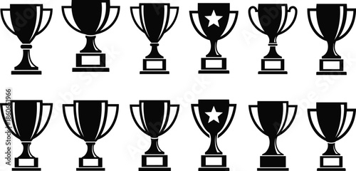 Collection of black trophy cup icons set symbolizing awards achievements victory success competition winners prizes silhouettes vector illustration