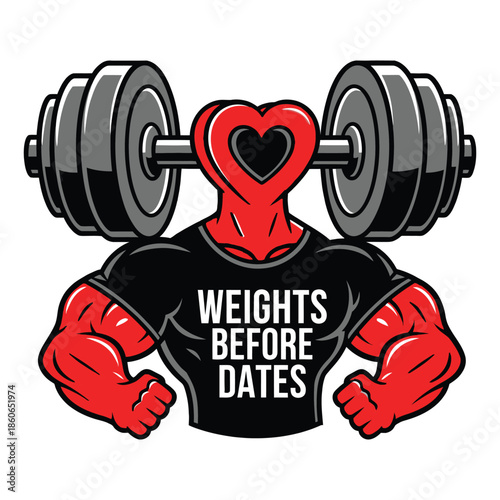 Graphic design featuring a muscular, stylized bodybuilder figure whose head is replaced by a large heart shape balancing a heavy barbell across strong shoulders symbolizing dedication to fitness.