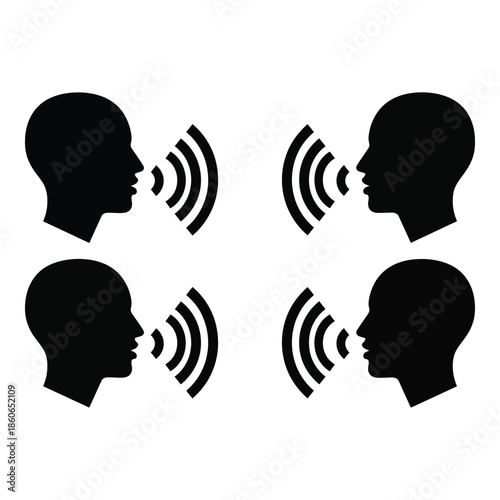 Four silhouettes of people communicating with speech bubbles between them