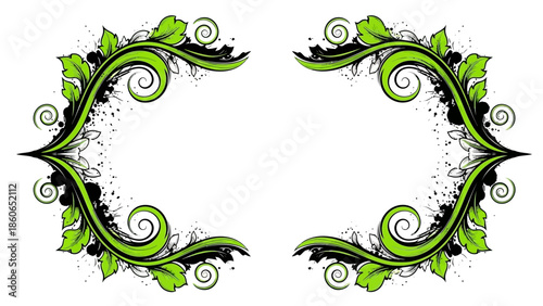 Abstract green floral frame vector design with spring leaves and nature ornaments featuring a butterfly and wave curves on an eco banner with copy space for a summer card illustration