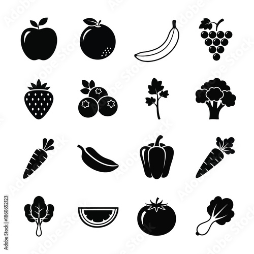 Silhouette of various fruits and vegetables icons