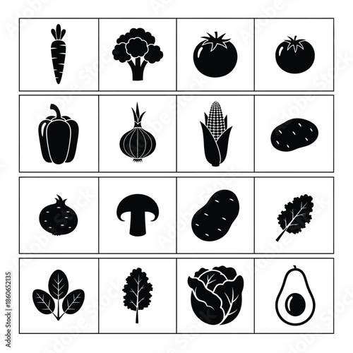 Silhouette of various vegetables and fruits in grid layout