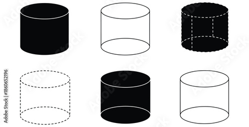 Collection of six distinct three dimensional cylinder icons illustrating various fill styles including solid black outline and dashed line representations for geometry concepts