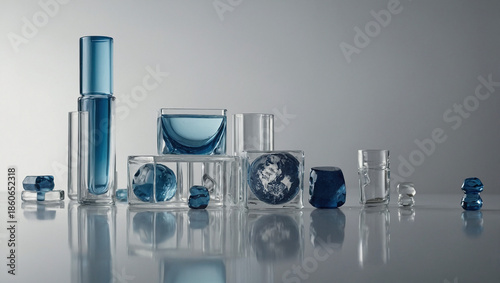 Minimalist abstract composition featuring blue glass globes and geometric shapes on a reflective white surface