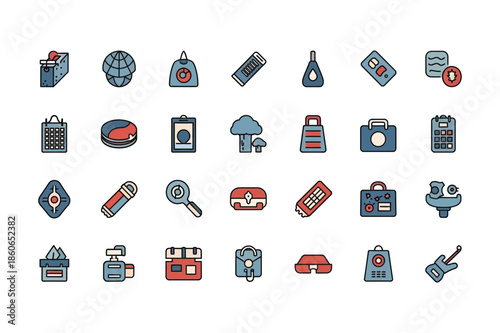 Set of diverse retro style flat icons in blue and red