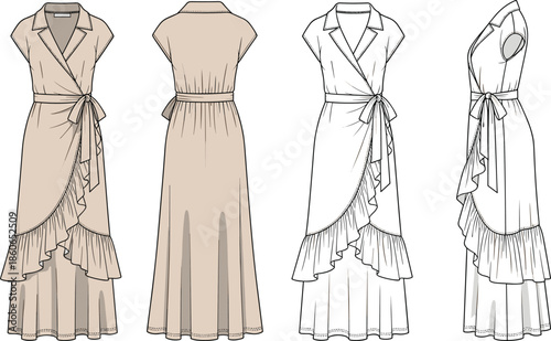 Women wrap maxi dress technical fashion illustration showing front back and side views with lapel collar, waist tie, layered ruffle hem design