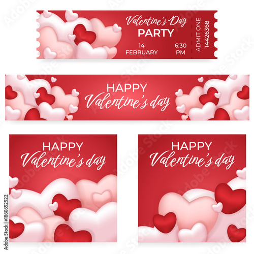Set of templates for Valentine's Day. Editable template with hearts. Ticket, banner. social network post, flyer