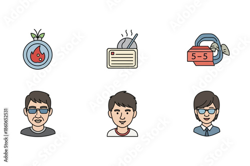 Assorted flat icons featuring people and objects