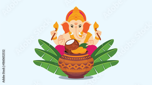 Hindu deity holding offerings sitting above decorated earthen pot with coconut mango fruit and banana leaves vector