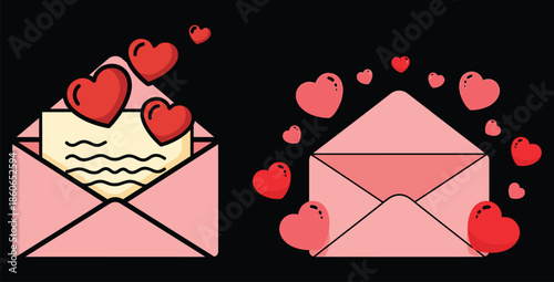 Pair of charming pink valentines love letters with sweet messages emerging from open envelopes surrounded by floating red and pink heart shapes creating a romantic correspondence design
