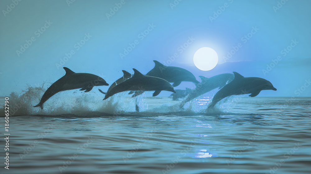 Fototapeta premium Dolphins jumping out of ocean water at sunset