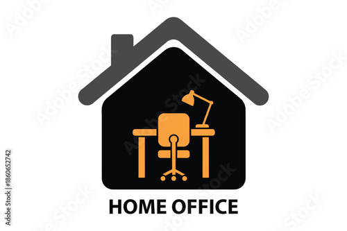 Home office icon with house silhouette and desk furniture