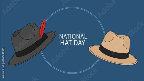 Celebrate National Hat Day with Classic Fedora Hats and a Feather Accent on Blue Background national hat day