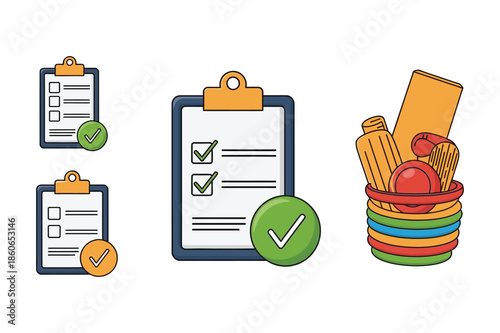Productivity checklist and storage basket icon set