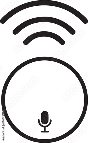 Smart speaker voice assistant icon with microphone and wireless sound waves for smart home technology.
