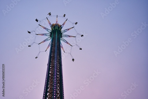 High Flying Chairs Ride at Prater Vienna During Pink and Purple Sunset