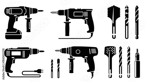 Black and White Power Drill and Drill Bit Vector Icons Set EPS10 Stock.eps