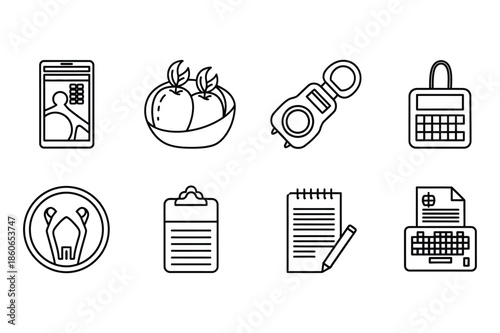 Healthy lifestyle and office productivity outline icon set