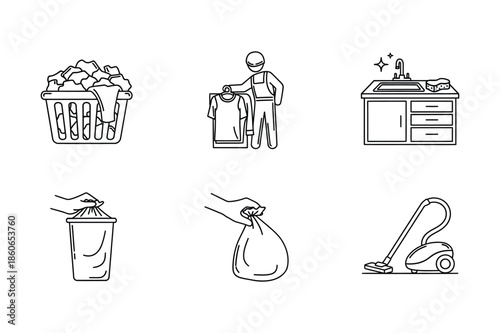 Home cleaning and laundry service outline icon collection