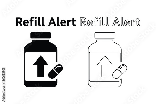 Medicine refill alert icon with pill bottle and capsule