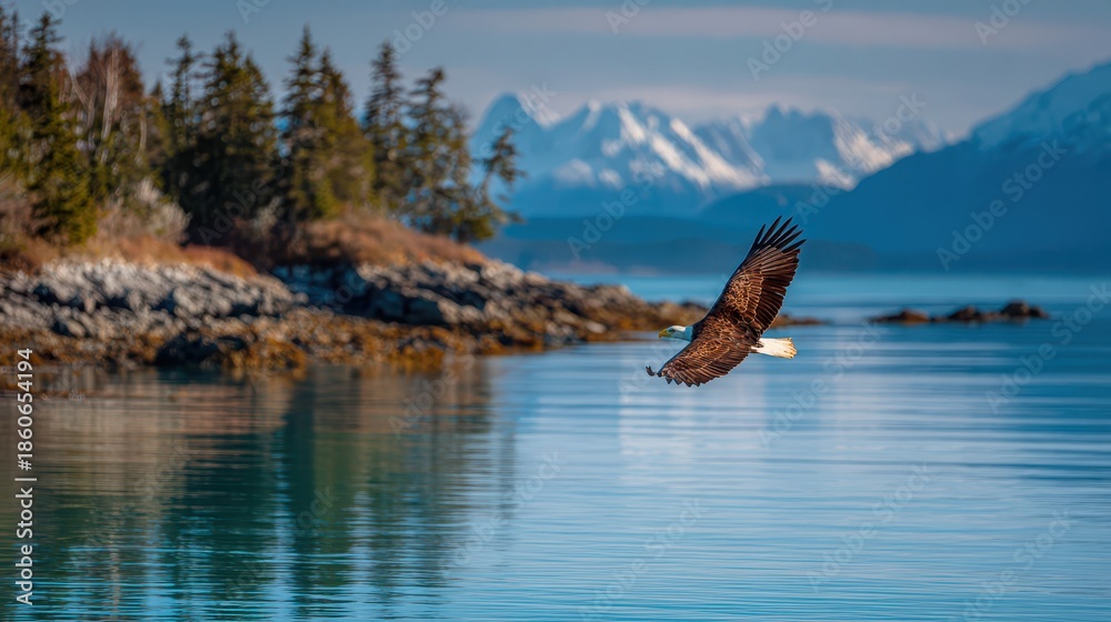 Fototapeta premium Majestic bald eagle soaring above a glacial Alaska bay with distant mountains