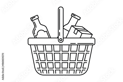 Plastic shopping basket with food and drink items icon