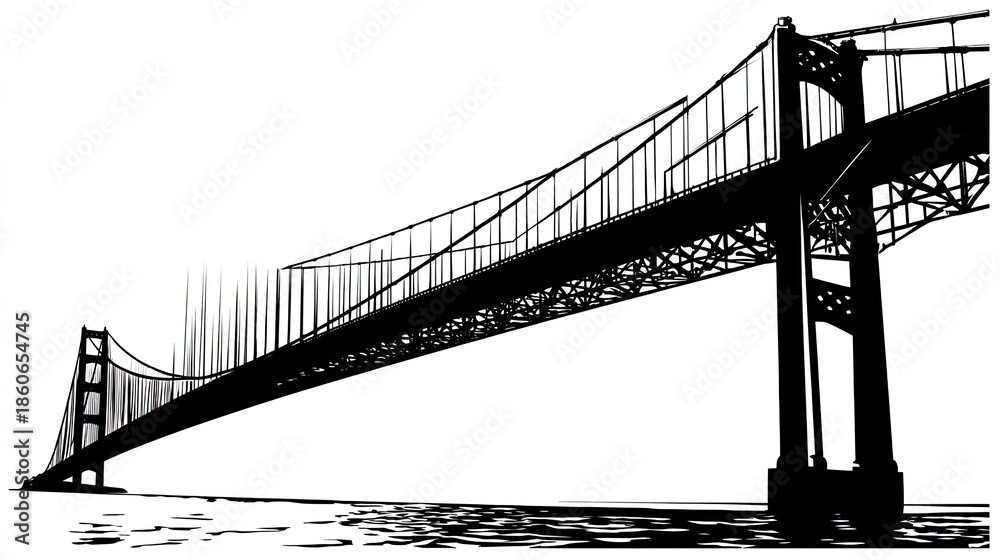 Obraz premium Dramatic black and white silhouette illustration depicts a massive suspension bridge spanning across water under a bright sky