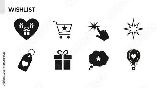 Flat Black Wishlist Shopping Gift and Favorite E commerce Vector Icons EPS10 Stock.eps