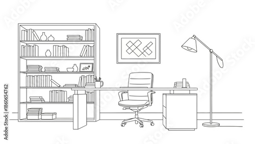 Streamlined vector depiction of a productive home office, featuring modern furnishings and organized workspace