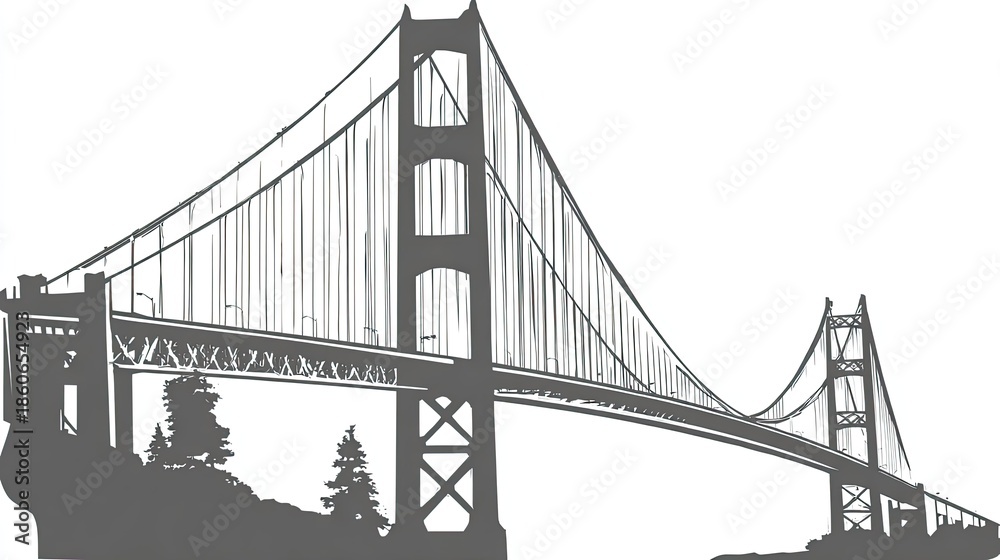 Fototapeta premium Large suspension span structure connects land masses over water with stylized graphical representation
