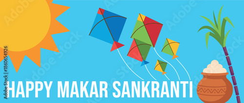 Vector illustration of colorful kites flying in a blue sky with sun, sugarcane, and a pot of sweets. Concept of Happy Makar Sankranti, Indian harvest festival and cultural tradition