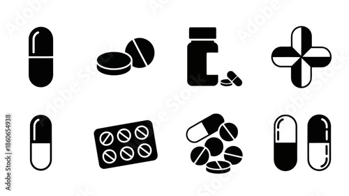 Healthcare and Pharmaceutical Icons Minimalist black vector medication symbols EPS10 Stock.eps