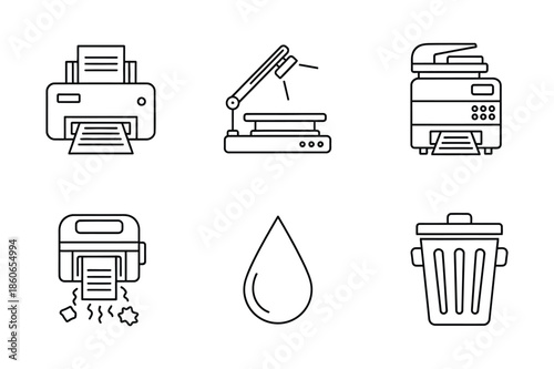 Office Equipment and Document Management Line Icons