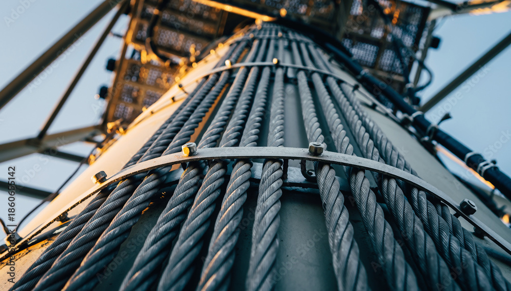 Fototapeta premium Low-angle view of a tall metal structure with numerous steel cables, showcasing industrial design.