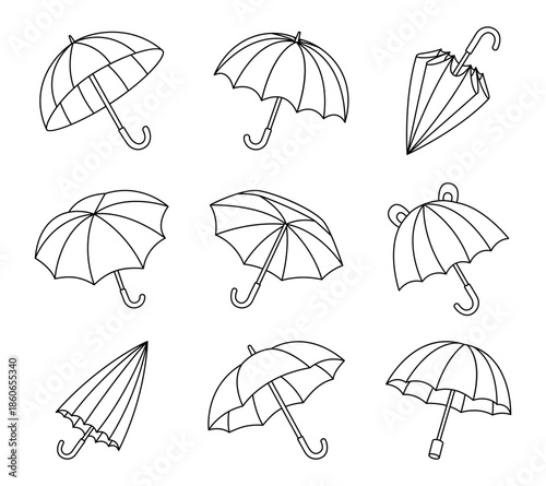 Black outline umbrella collection, vector linear set of different open and folded umbrellas for decor, patterns, and creative use