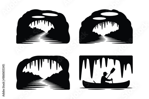 Set of Cave Exploration and Rowing Silhouette Icons