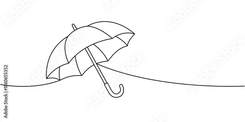 Simple umbrella outline leaning on a curved line. Minimal modern vector illustration for seasonal rain and weather protection themes