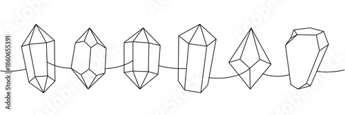 Crystals set. Diamonds of various geometric shapes and sizes one line continuous drawing. Vector illustration