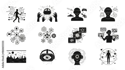 Modern Black and White Icons Virtual Reality Metaverse and Data Technology Concepts EPS10 Stock.eps