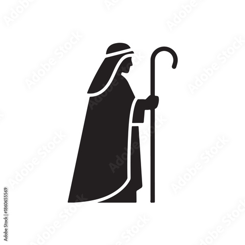 Shepherd silhouette in simple minimalist style with black and white color scheme on plain white background for religious illustration