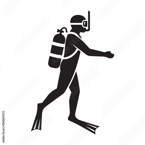Scuba Diver Silhouette in Adventure Pose with Monochromatic Color Scheme on White Background for Outdoor Activity